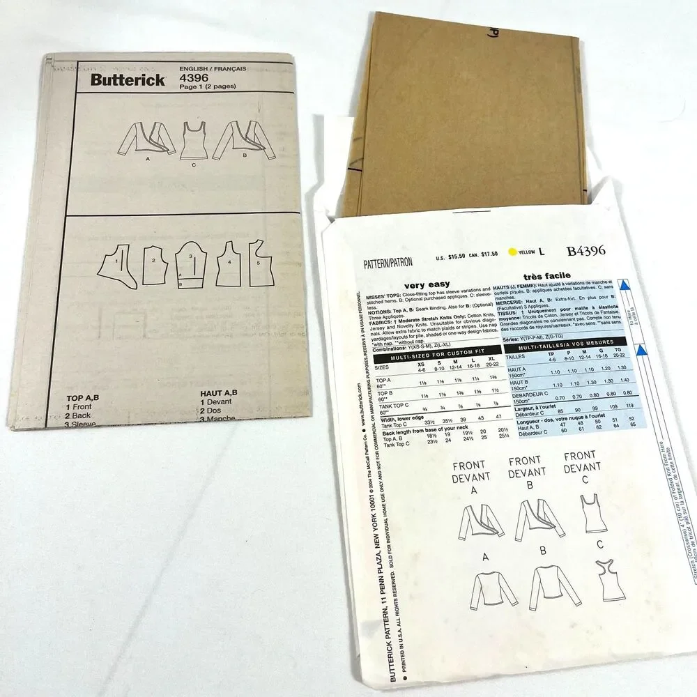 Butterick Sewing Pattern Fast And Easy B4396 Size Z L-XLG Y2K Ladies Tops Uncut
